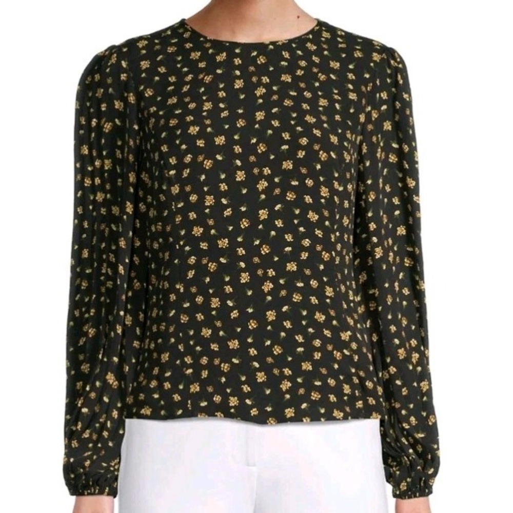 ELIE TAHARI‎ BLACK FLORAL SILK BLOUSON LONG SLEEVE TOP SIZE 10